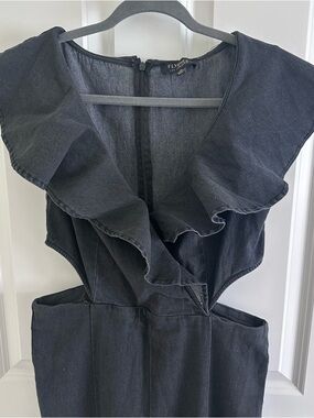 Flying Tomato Black Women’s Denim Jumpsuit with Ruffle Neckline